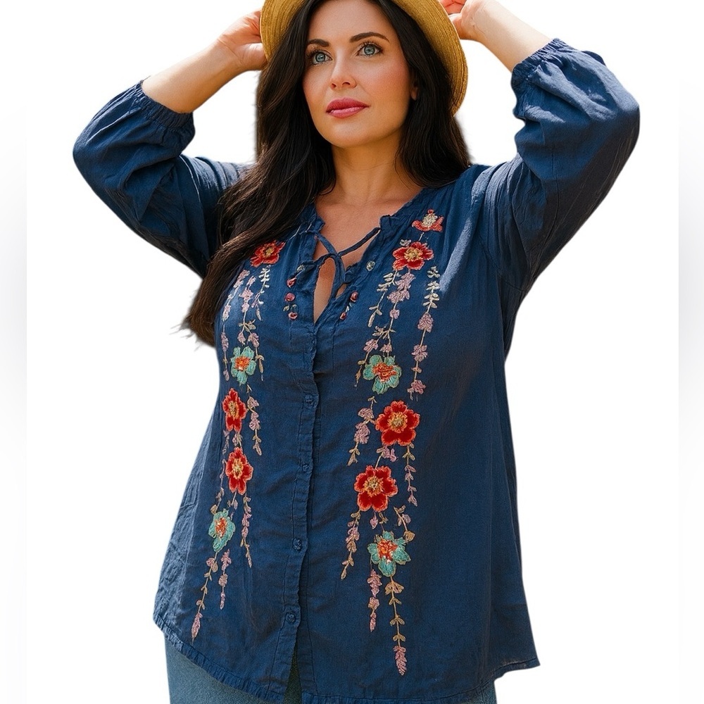 Johnny Was Alaura heavily embroidered tie neck blouse NWT